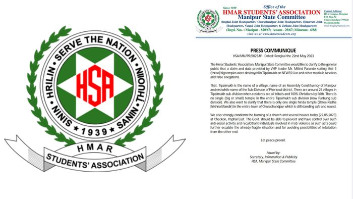 Hmar Students' Association refutes VHP leader's claim of temples demolition in Churachandpur