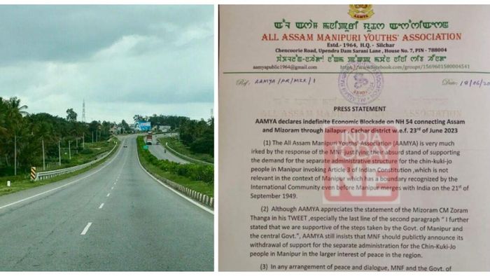 Manipuri Youths' Association declares indefinite economic blockade on NH-54, connecting Assam to Mizoram