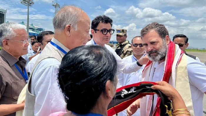Congress leader Rahul Gandhi lands in Imphal, received by party workers