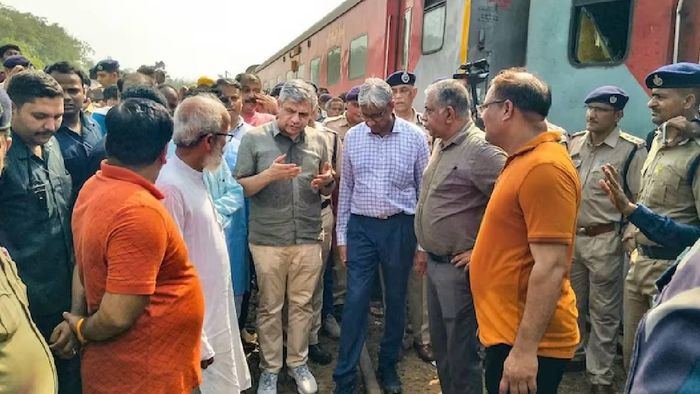Union Railway Minister Ashwini Viashnaw at the train crash site in Odisha's Balasore