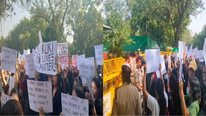 Tribal communities of Manipur protesting outside Amit Shah's residence in Delhi