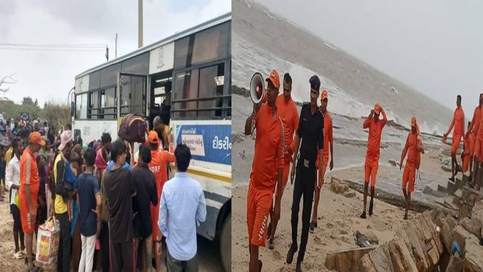 People being evacuated and moved towards safer places (L), relief workers in action (R)