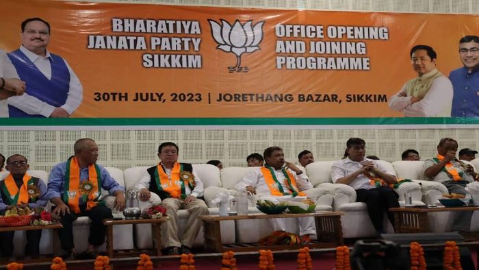 BJP leaders addressing a public meet at Jorethang