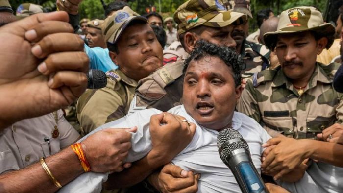 Indian Youth Congress President Srinivas BV arrested during a demonstration in Delhi today