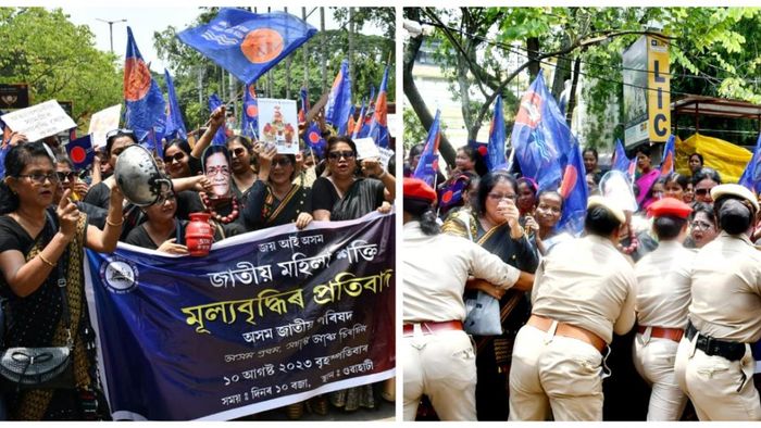 Assam: Jatiya Mahila Shakti protests price hike at Dighali Pukhuri in Guwahati