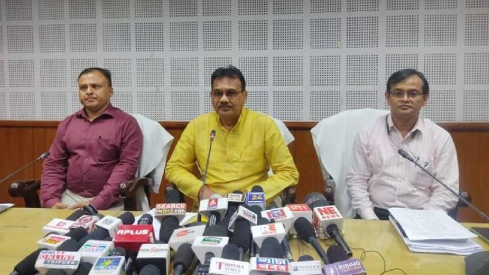 Tripura Finance Minister Pranajit Singha Roy addressing a press conference (C)