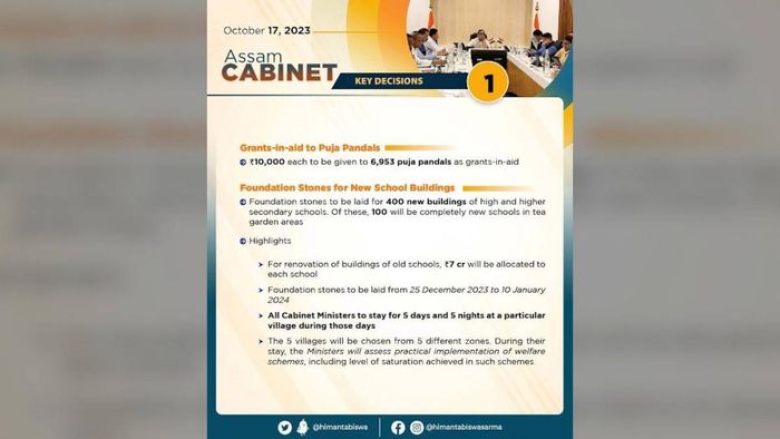 In a major decision by the Assam cabinet today, it has been decided that cabinet ministers will spend five days and five nights in villages in the month of December to set up schools in remote areas.