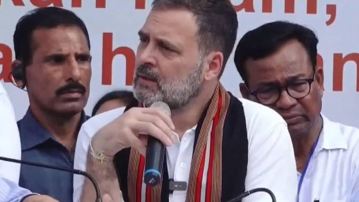 Congress leader Rahul Gandhi addressing a rally in Mizoram