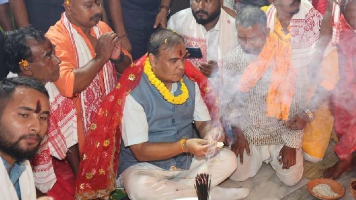 Assam Chief Minister Himanta Biswa Sarma offering prayers at a Durga Puja mandap