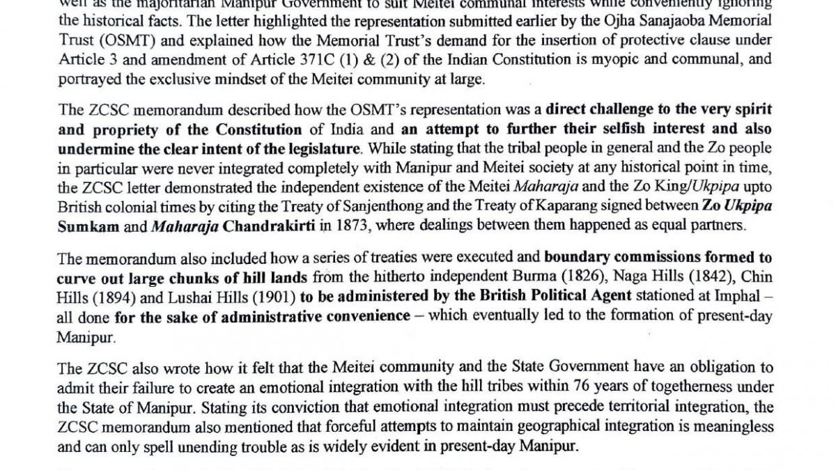 The Zomi Council Steering Committee (ZCSC) has written a memorandum to Prime Minister Narendra Modi, while pushing for separate administration for the Kuki dominated areas in Manipur.
