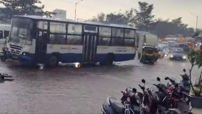 Heavy rain lashed Bengaluru on Monday, which led to several roads getting waterlogged. Some underpasses were flooded with knee-deep water.