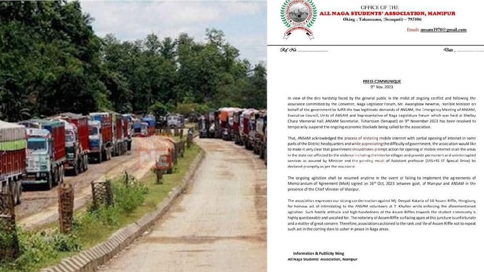 Manipur: Naga students' association temporarily suspends economic blockade amidst govt. assurances Manipur: Naga students' association temporarily suspends economic blockade amidst govt. assurances