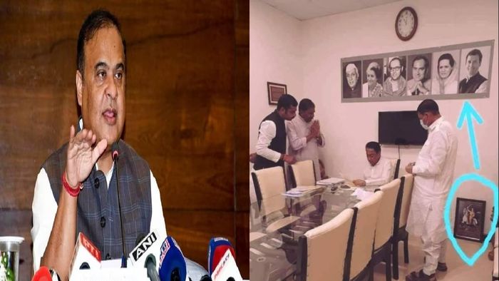 Assam Chief Minister Himanta Biswa Sarma (L), The pic showing photos of Congress leaders placed on top while the photo of Rani Laxmibai has been placed at the bottom (R)
