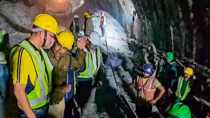 Even as efforts to rescue the 40 workers trapped inside a tunnel in Uttarakhand's Uttarkashi district continue, workers staged a protest at the site of the accident where the relief and rescue operation was underway.