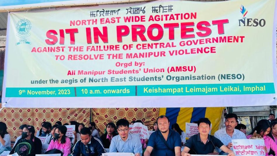 Manipur violence: North East Students Organisation stage sit-in protest demanding complete peace in state Manipur violence: North East Students Organisation stage sit-in protest demanding complete peace in state
