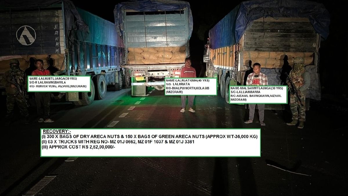 Mizoram: Illegal areca nuts worth Rs 2.52 crore seized during joint operation in Champhai district Mizoram: Illegal areca nuts worth Rs 2.52 crore seized during joint operation in Champhai district