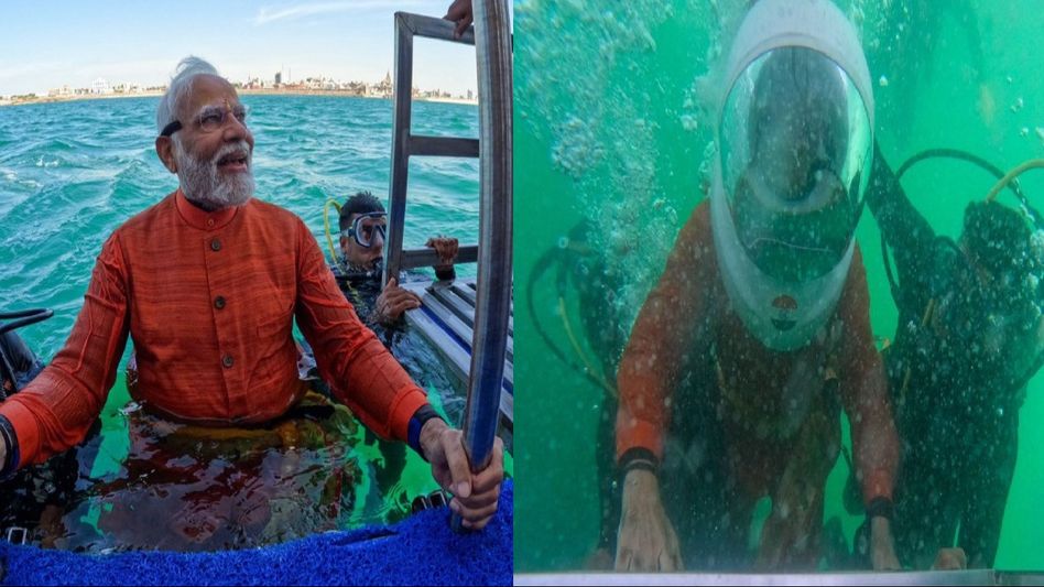 PM Modi goes underwater, prays at the site of submerged ancient city of Dwarka in Gujarat PM Modi goes underwater, prays at the site of submerged ancient city of Dwarka in Gujarat