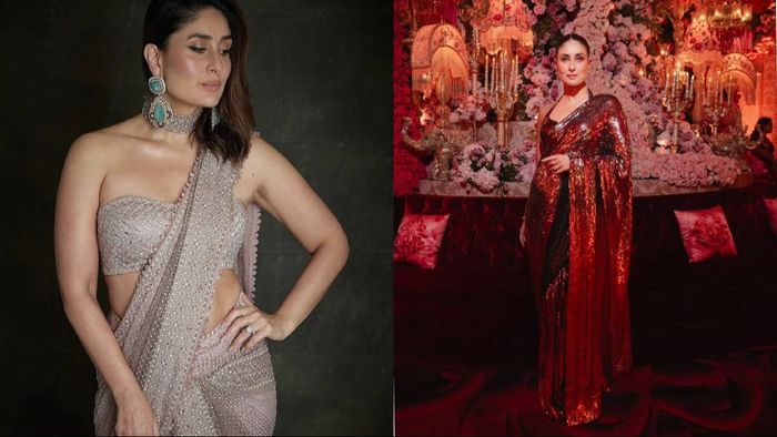 Kareena Kapoor Khan attends Anant Ambani's pre-wedding bash. The actress stuns in a Tarun Tahiliani saree gown and a metallic saree by Manish Malhotra
