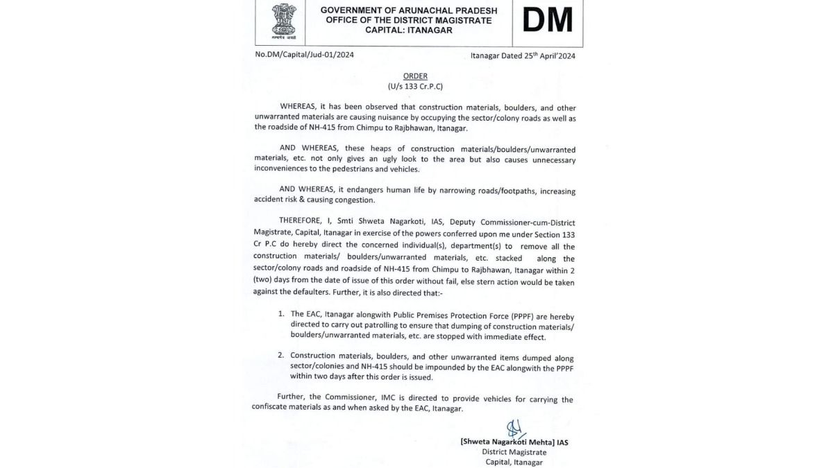 Arunachal: Itanagar district magistrate's office orders removal of obstructive materials from roads