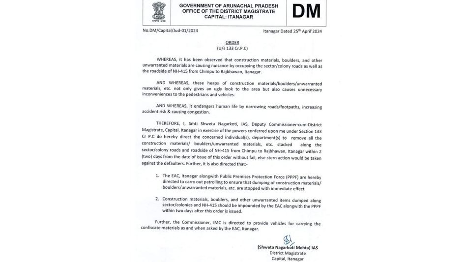 Clearance Order Issued in Itanagar Clearance Order Issued in Itanagar
