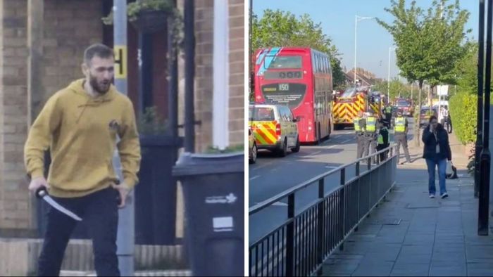 Man wielding a sword attacks public and police in London