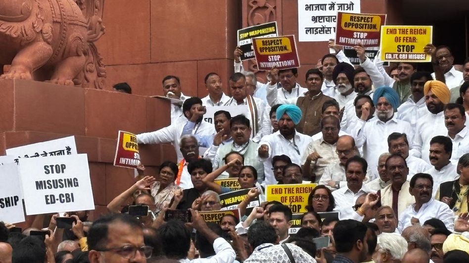 Opposition parties rally in Parliament against alleged misuse of central agencies by government Opposition parties rally in Parliament against alleged misuse of central agencies by government