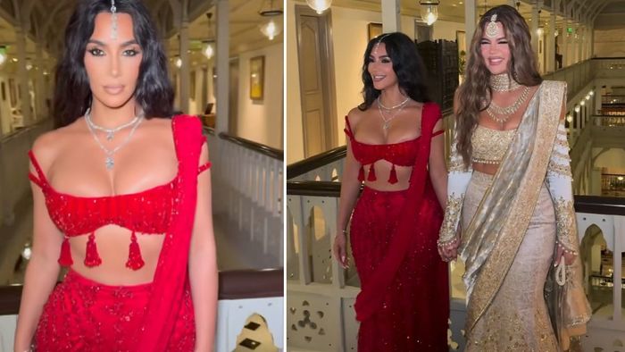 Kim Kardashian wore a red mermaid skirt with a tiny blouse featuring tassels and unique strappy sleeves