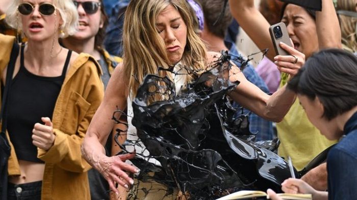 Jennifer Aniston splashed with oil during 'The Morning Show' shoot