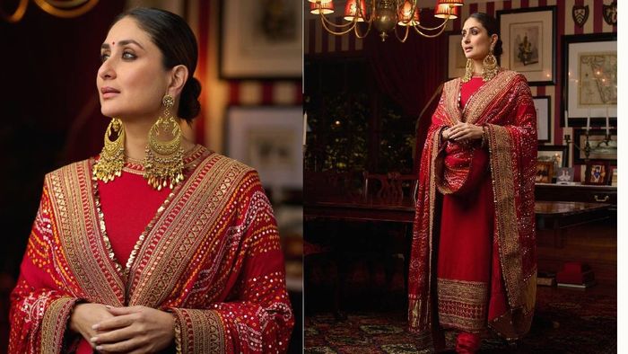 Kareena Kapoor Khan wore a stunning Sabyasachi red suit at Ambani's Ganesh Chaturthi celebration