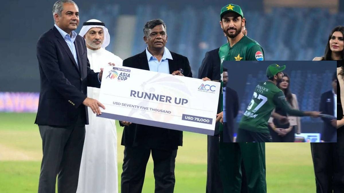 Salman Ali Agha draws criticism for tossing runners-up cheque after defeat against India Salman Ali Agha draws criticism for tossing runners-up cheque after defeat against India