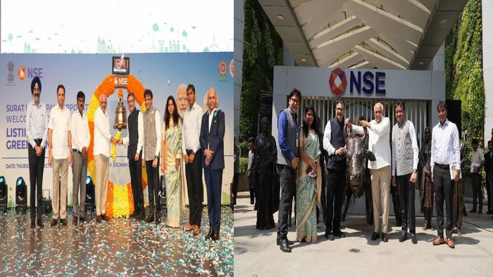 Hon’ble CM Shri Bhupendra Patel with senior officials from NSE and Surat Municipal Corporation during the listing of the ₹200 crore Green Municipal Bond on NSE.