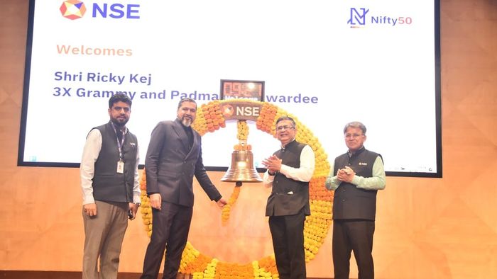 Ricky Kej rings the NSE Bell alongside MD & CEO Shri. Ashishkumar Chauhan, celebrating excellence and the vision of Viksit Bharat.