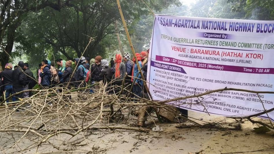 Highway blockade in Tripura disrupts traffic as surrendered insurgents press for rehabilitation funds Highway blockade in Tripura disrupts traffic as surrendered insurgents press for rehabilitation funds