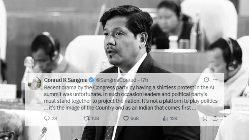 Meghalaya CM slams Congress shirtless protest at AI summit as blow to 'India's image' Meghalaya CM slams Congress shirtless protest at AI summit as blow to 'India's image'