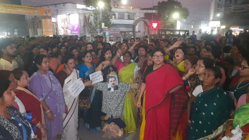 Tripura Mahila Morcha burns Rahul Gandhi effigy over Congress protest at AI Summit Tripura Mahila Morcha burns Rahul Gandhi effigy over Congress protest at AI Summit