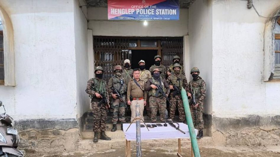 Explosives cache unearthed in Manipur's Churachandpur; 7 foot rocket, mortar bomb among arms seized Explosives cache unearthed in Manipur's Churachandpur; 7 foot rocket, mortar bomb among arms seized