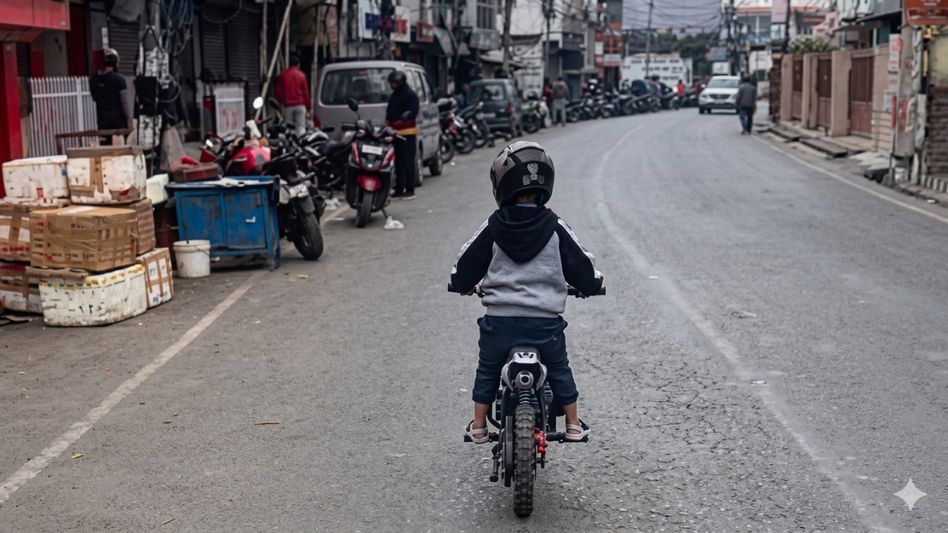 Child riding toy bike on highway sparks police warning in Shillong Child riding toy bike on highway sparks police warning in Shillong