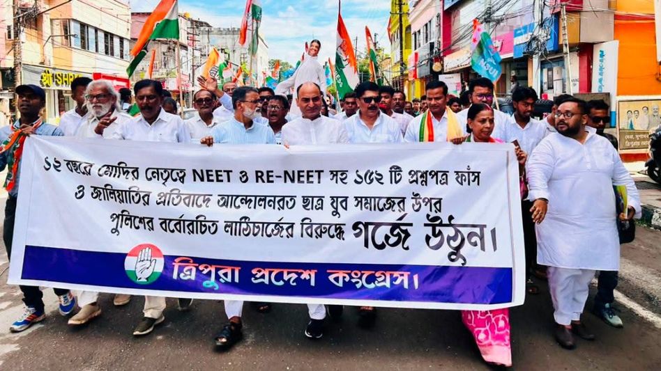 Tripura Congress holds protest over NEET paper leak, demands union education minister's resignation Tripura Congress holds protest over NEET paper leak, demands union education minister's resignation