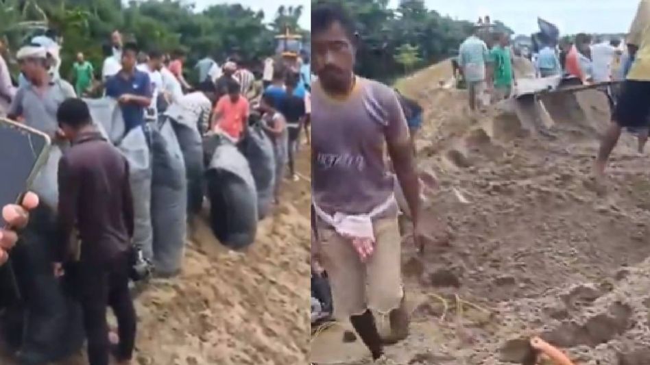 Assam: Rising Brahmaputra threatens embankment in Lakhimpur, authorities deploy geo-bags Assam: Rising Brahmaputra threatens embankment in Lakhimpur, authorities deploy geo-bags