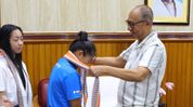 Manipur CM felicitates Gymnasts Ariha and Anjori Pangambam for international sporting achievement Manipur CM felicitates Gymnasts Ariha and Anjori Pangambam for international sporting achievement