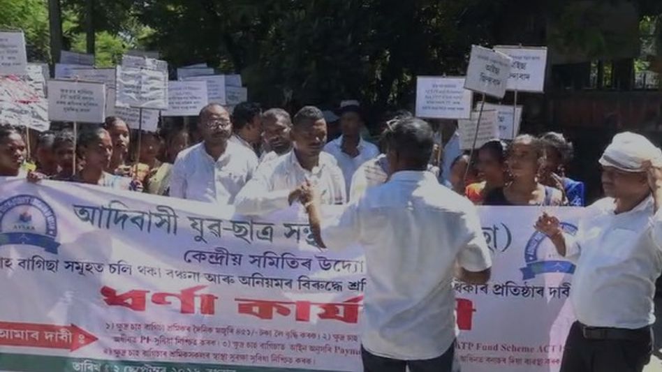 Adivasi organisation protests in Assam's Dibrugarh, seeks minimum wages, PF for small tea garden workers Adivasi organisation protests in Assam's Dibrugarh, seeks minimum wages, PF for small tea garden workers