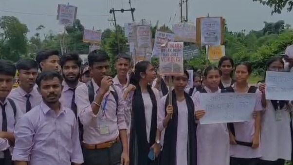‘We want education, not accidental death’: Assam college students protest over crumbling Silchar–Jayantia road