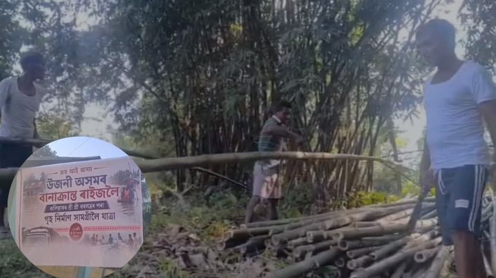 Assam’s Kaliabor villagers carry bamboo to Upper Assam to rebuild homes destroyed by floods