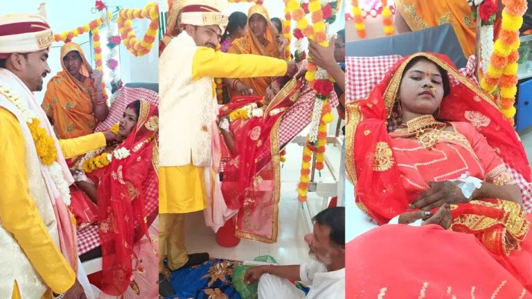 A marriage in discussion, Mandap decorated in bed, hospitalized girl, groom carried, bride in his lap