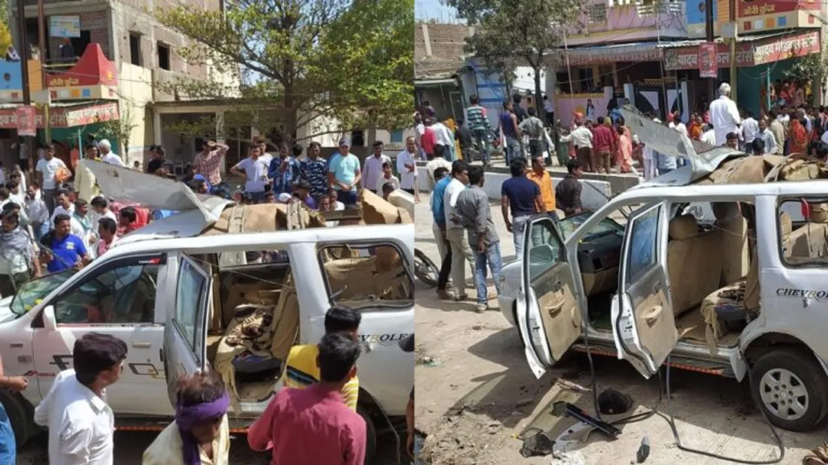 MP: बारात में आई खड़ी टवेरा में विस्फोट, गाड़ी के उड़े परखच्चे; एक की मौत MP News Explosion in a car running highway flew of car Parts scattered far away