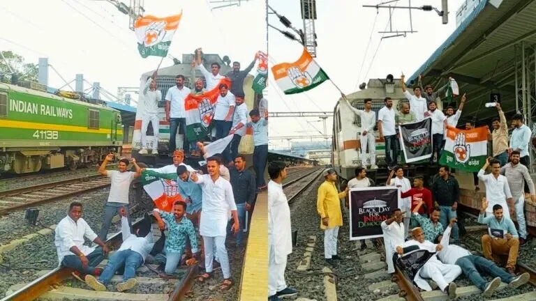 MP Youth Congress stopped train in Bhopal to protest against cancellation of Rahul Gandhi Lok Sabha membership