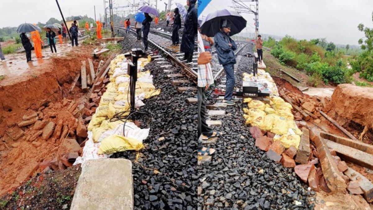 भारी बारिश से धंसी कटनी-बीना रेलवे ट्रैक पर मिट्टी, कामायनी समेत कई ट्रेनें प्रभावित mpnews, train, mp train news, train time update