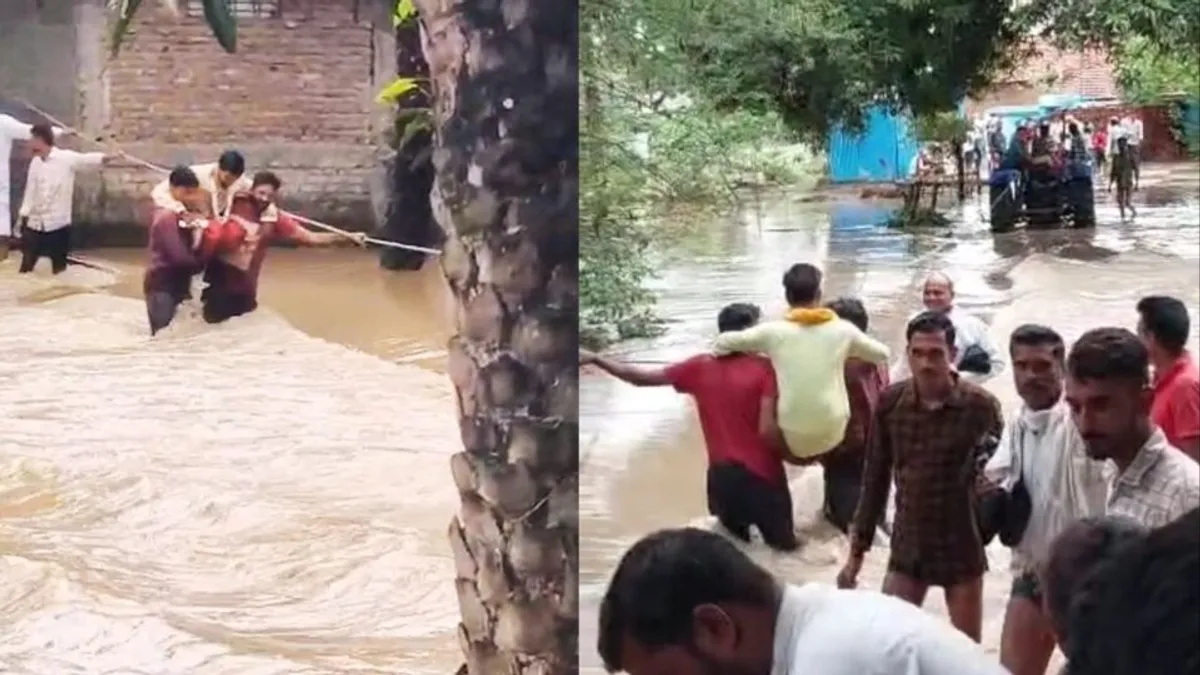 इस जुगाड़ से दूल्हा-दुल्हन ने पार किया उफनता नाला, VIDEO हो रहा वायरल, चर्चा में है ये शादी wedding procession including the bride and groom crossed by hanging from the ropes on the swollen drain, VIDEO is going viral