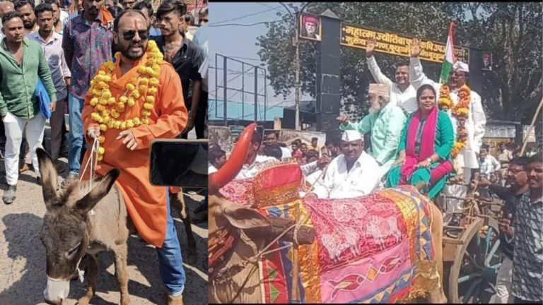 बैलगाड़ी और गधे पर बैठकर बनेंगे विधायक? जनता के बीच चर्चा में आने नेता कर रहे ‘अनूठे प्रयोग’ MP Election 2023 Burhanpur News MP Congress MP BJP Madhya Pradesh Assembly Election Candidates