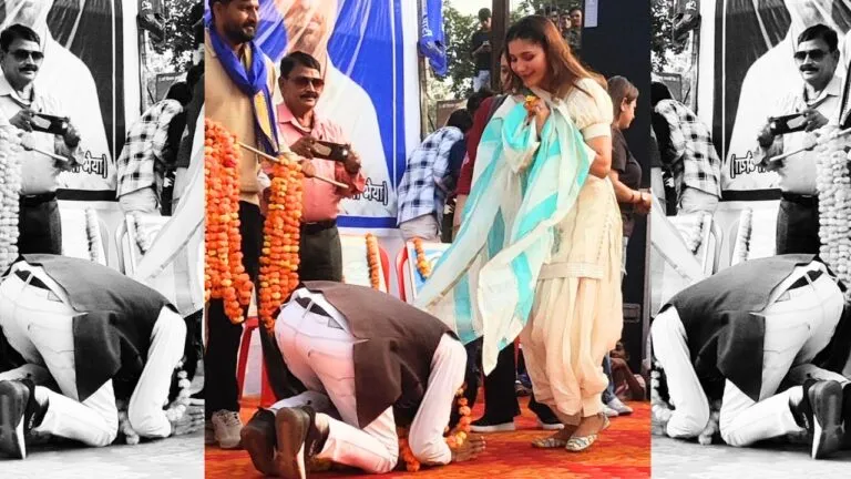 सपना चौधरी के पैरों में क्यों गिर गए शिवपुरी के BSP प्रत्याशी? वीडियो हो गया वायरल BSP candidate Ebaran Gurjar fell at Sapna Choudhary's feet, mp elections, mp elections 2023, assembly elections in mp,